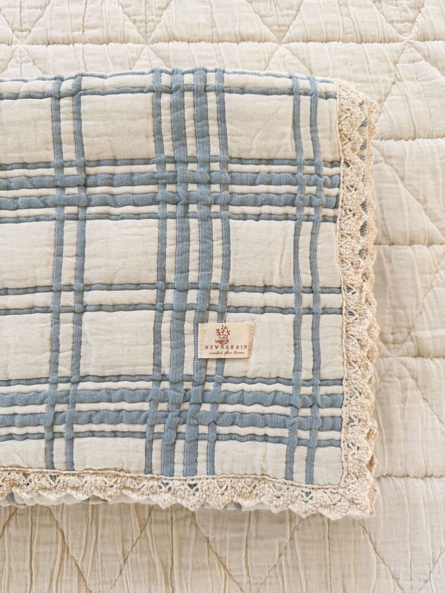 Organic Cotton Baby Blanket - French Plaid, Powder Blue