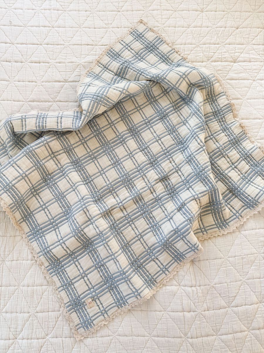 Organic Cotton Baby Blanket - French Plaid, Powder Blue