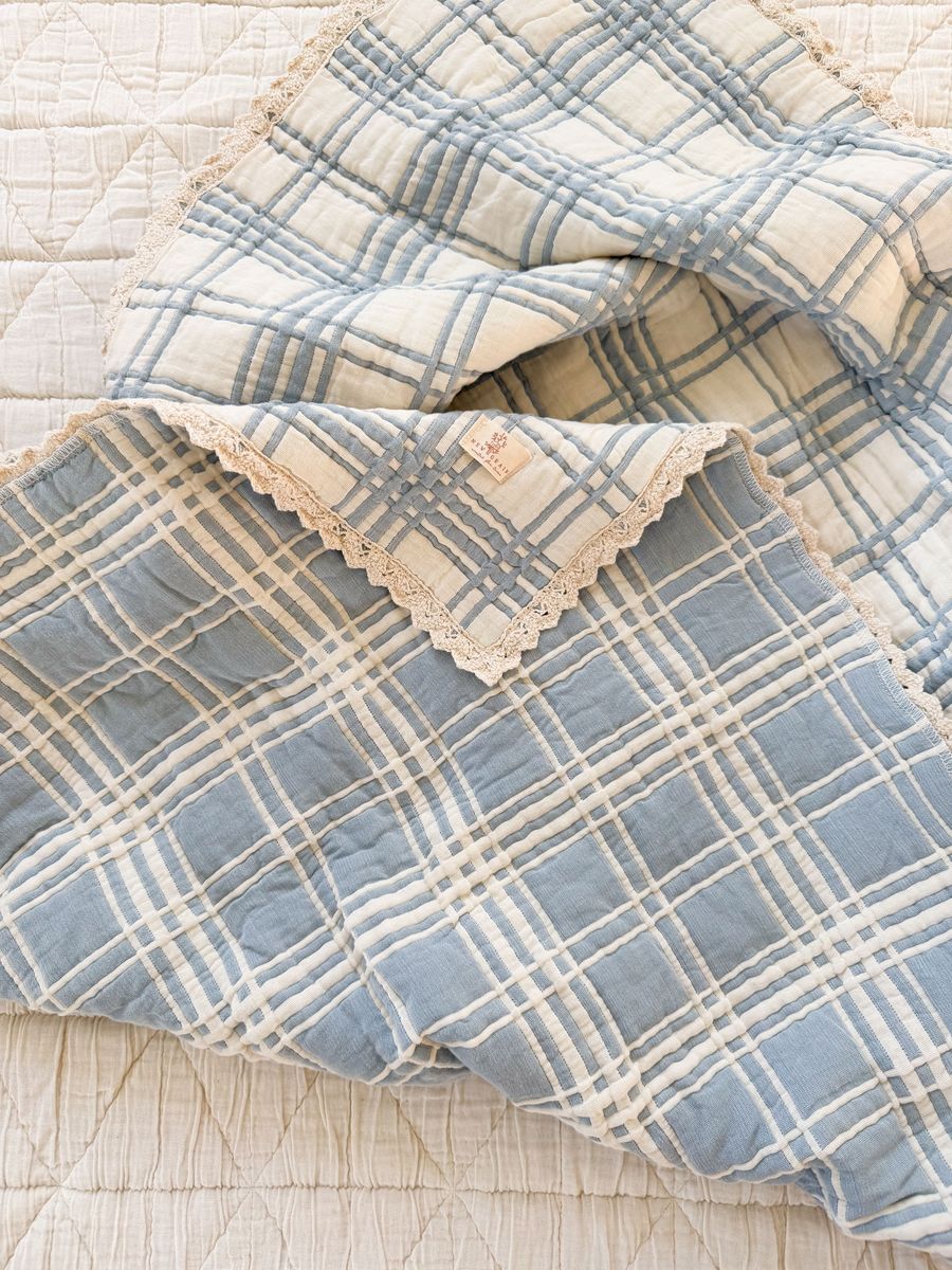 Organic Cotton Baby Blanket - French Plaid, Powder Blue