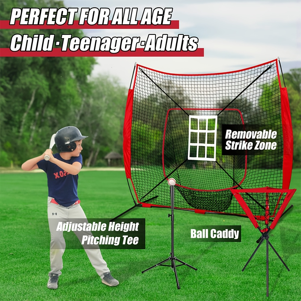 Baseball Practice Net 7x7ft – Complete Hitting & Pitching Training Set with 12 Baseballs, Bow Frame, Batting Tee, and Tote Bag, Portable Backyard Softball Throwing Net for Kids & Adults