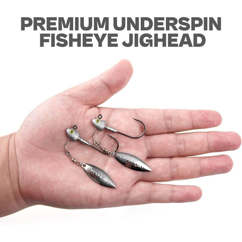 Underspin Jig Heads 6-Pack with 100% Brass Blade – Never Rust Rotating Spinner Jig for Bass & Saltwater Fishing – 3/16oz, 1/4oz, 3/8oz, 1/2oz – Flash & Vibration Swimbait Head