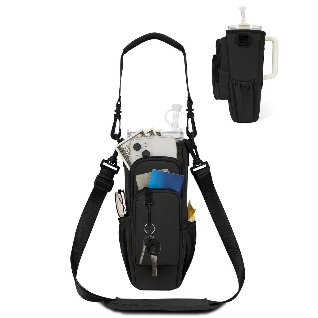 Insulated Water Bottle Carrier Bag for 30-40oz Bottles - Adjustable Shoulder Strap, Phone Pocket & Straw Cover - Neoprene Bottle Holder Pouch for Dog Walking, Hiking & Outdoor Activities