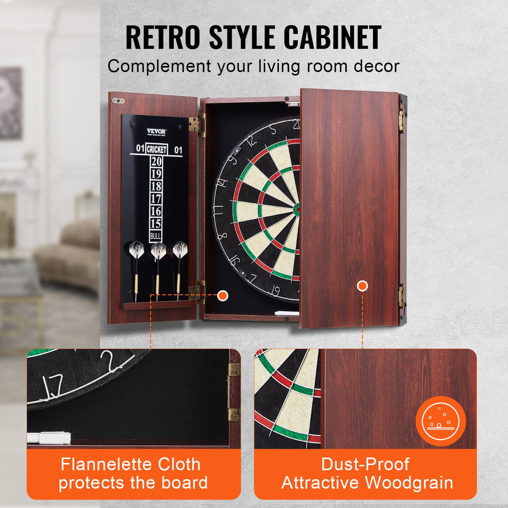 Dartboard Cabinet Set with Steel Tip Darts – 18 Inch Sisal Fiber Board, Retro Wood Cabinet, Scoreboard & Full Accessories Included