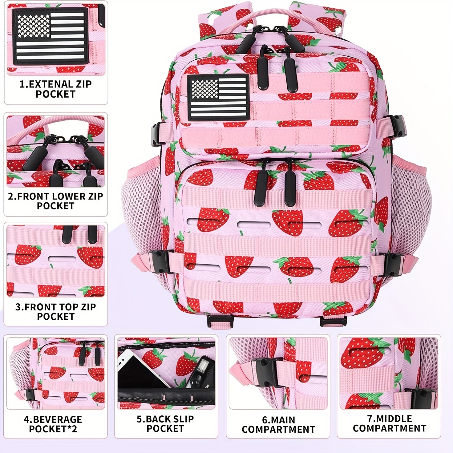Mini Hiking Backpack 2.38 Gallon Daypack Zipper Closure Hip Strap for Daily Use Fitness Cycling Camping Travel School Strawberry Cat Paw Plaid Tie Dye Camo