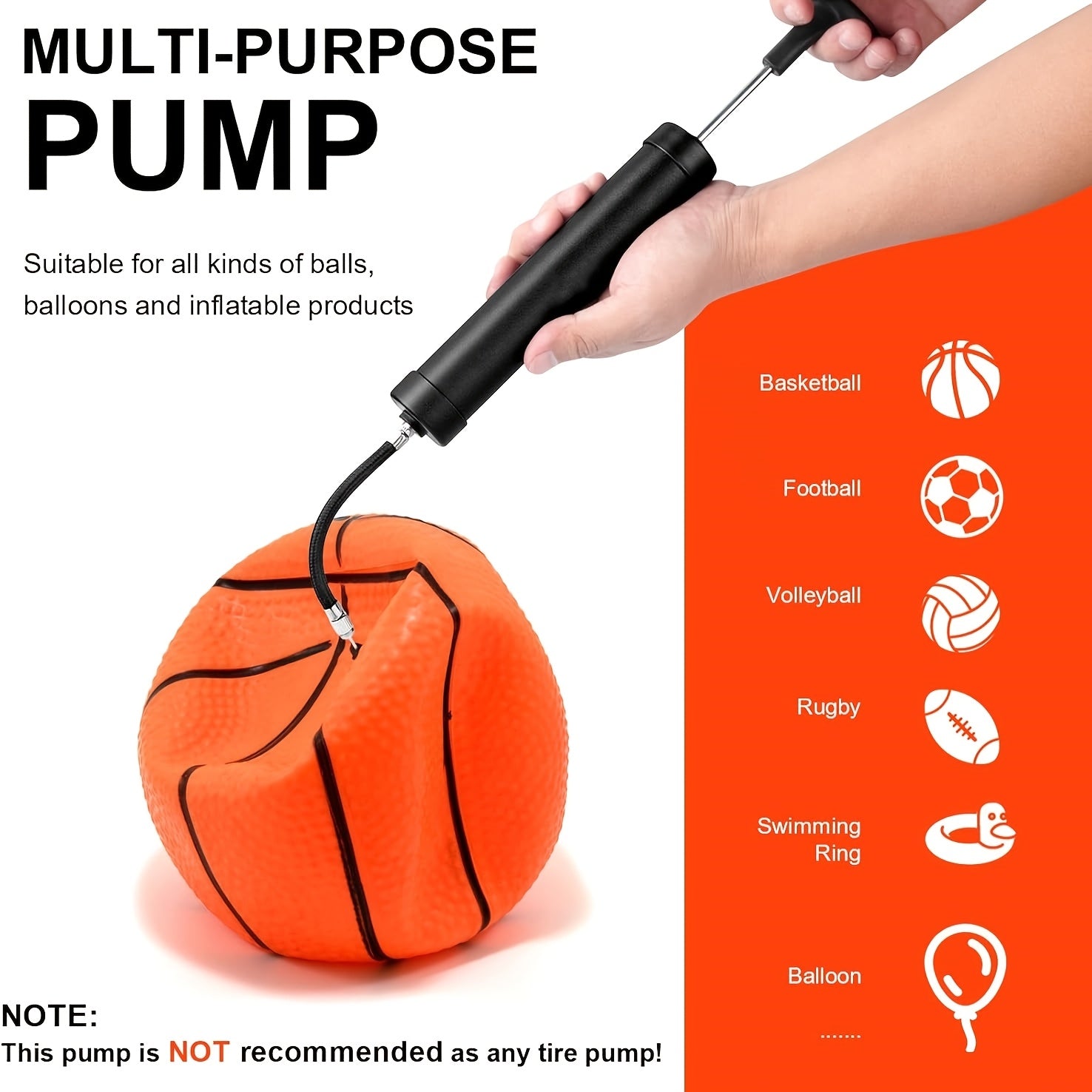 Portable Ball Pump Kit 8 Inch – Manual Air Pump with 5 Needles, Nozzle & Extension Hose for Basketball, Soccer, Football, Volleyball & Rugby – Compact Sports Ball Inflator, Black