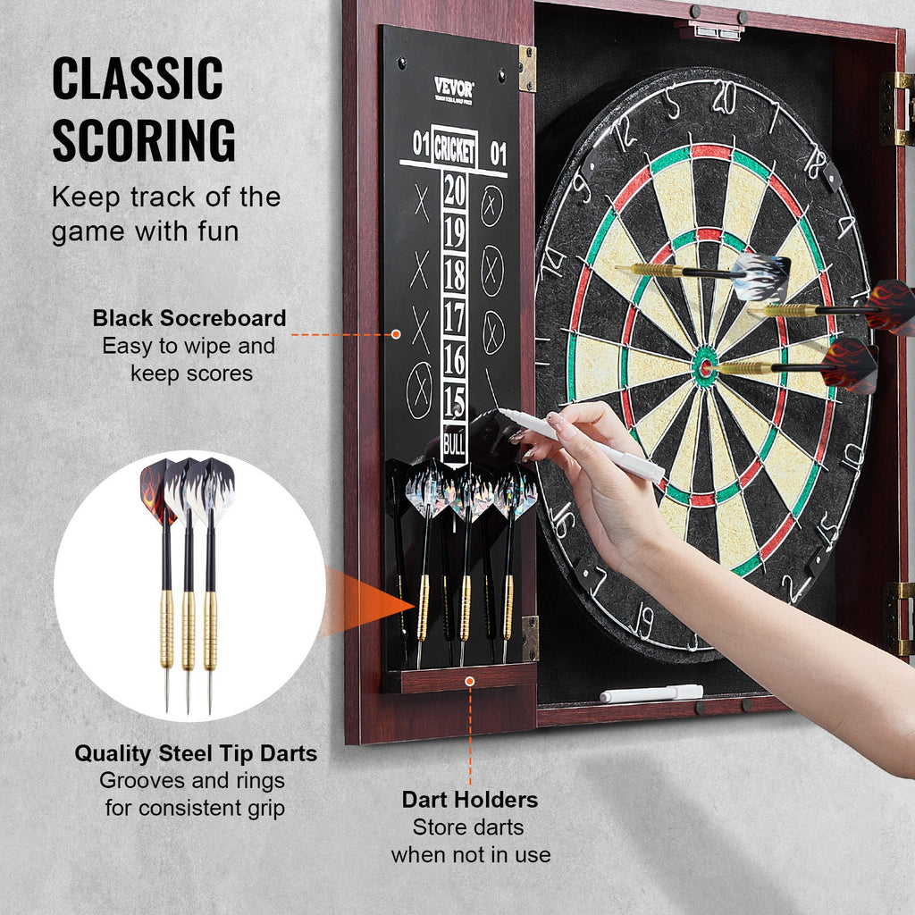 Dartboard Cabinet Set with Steel Tip Darts – 18 Inch Sisal Fiber Board, Retro Wood Cabinet, Scoreboard & Full Accessories Included