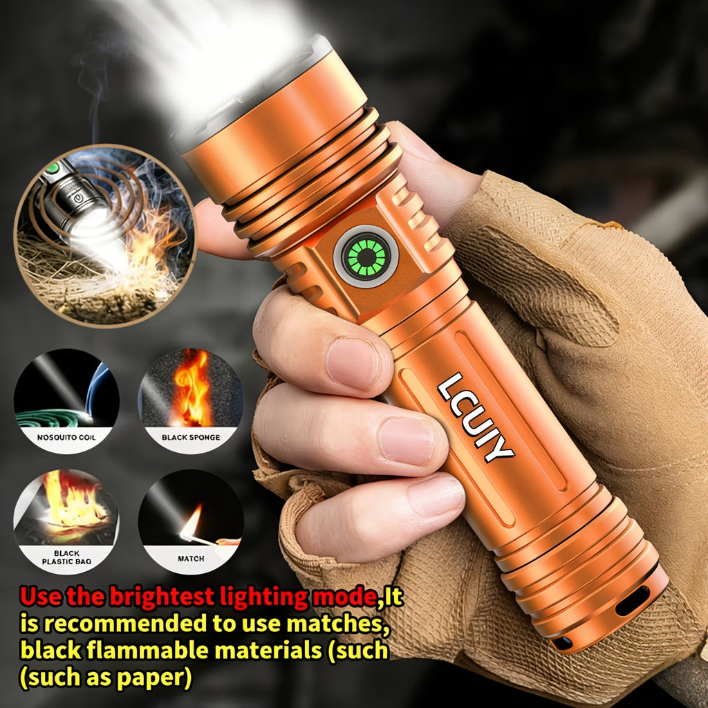 Fire Starter Flashlight with Fresnel Lens – 4500 Lumens Rechargeable Aluminum Alloy Ignition Torch, 1000M Long Range, 6 Modes Tactical Adjustable Beam for Wilderness Survival, Camping, Fishing & Emergency