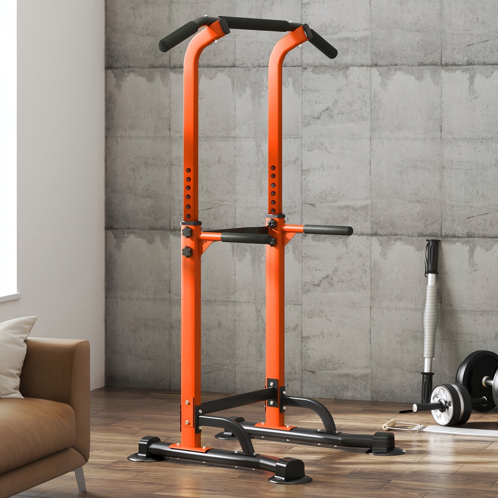 Power Tower Dip Station & Pull-Up Bar – Adjustable Height 65–83", 330 LB Capacity, H-Base Steel Frame for Pull-Ups, Chin-Ups, Dips & Knee Raises | Home Gym Strength Training Equipment