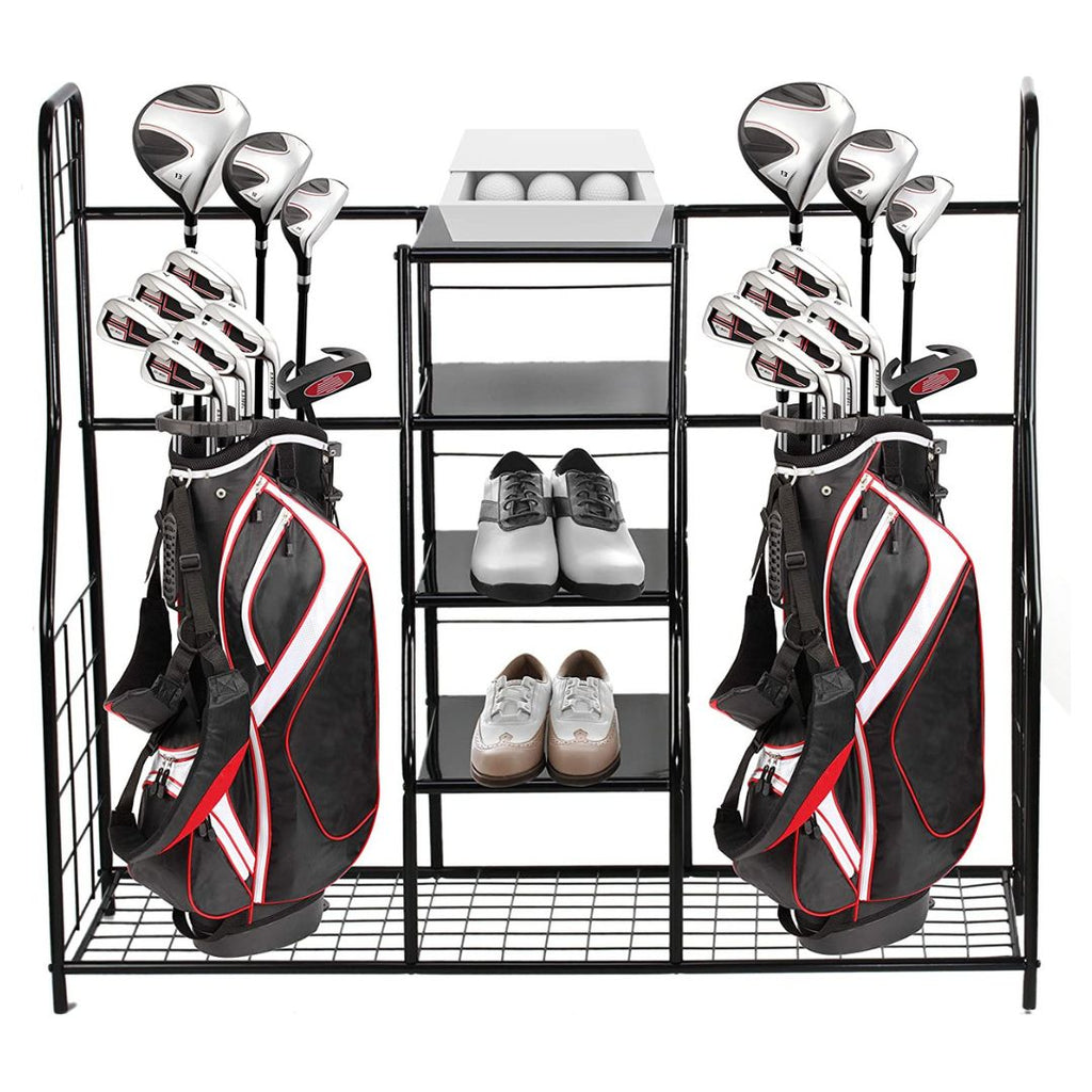 Golf Bag Storage Rack Organizer Steel Dual Bag Holder with 4 Shelves for Clubs Balls Shoes Accessories Garage Basement Home Golf Equipment Organizer Heavy Duty