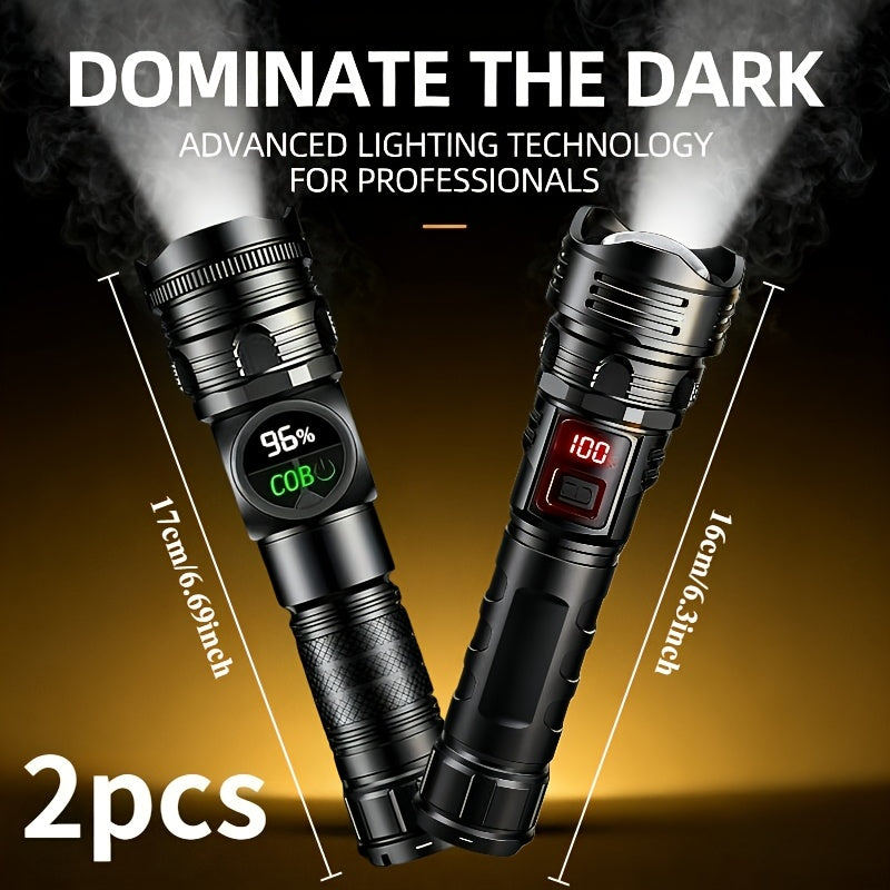 High Lumen Tactical Flashlight 2-Pack – COB Side Light, USB Fast Charging, Zoomable, Multiple Modes for Camping, Cycling, Fishing, Emergency & Outdoor Exploration