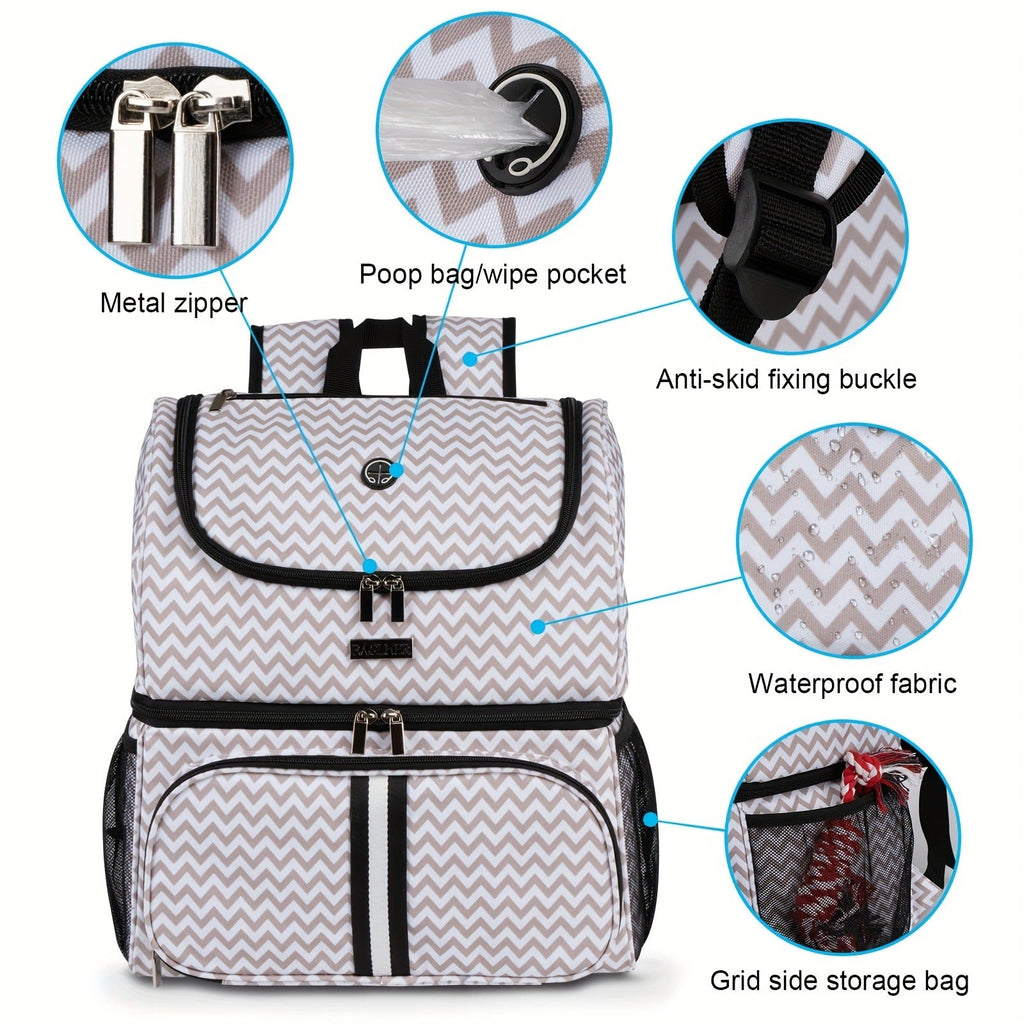 Pet Travel Backpack Double Layer Dog Cat Supplies Bag with 2 Collapsible Bowls 2 Food Baskets Portable Organizer for Outdoor Hiking Camping Road Trip