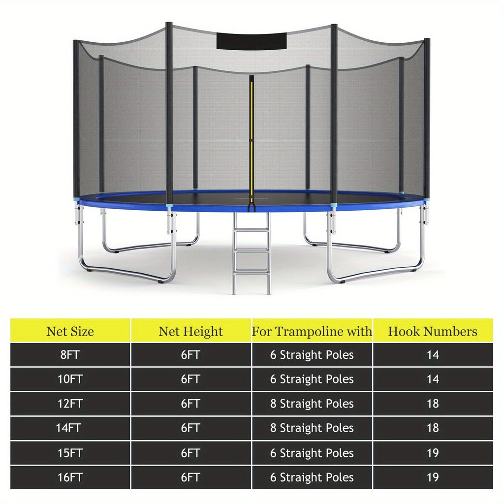 Trampoline Safety Net Replacement 12FT 14FT – PE Enclosure Net with Zipper Door & Safety Buckles for 8 Straight Poles