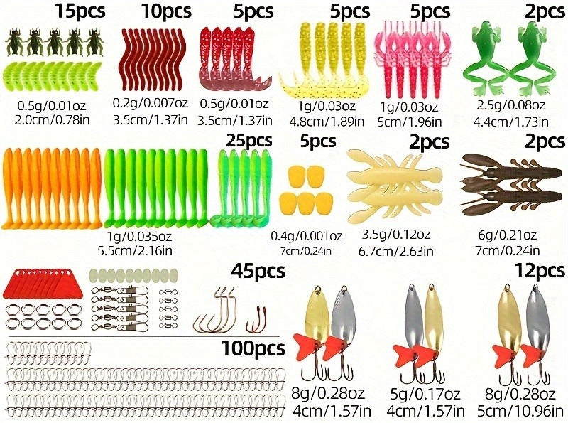 Fishing Lure Kit Tackle Set with Tackle Box – Minnow Baits, Spoon Lures, Soft Worm Baits, Frog Soft Bait, Jig Heads & Rigs – 110pcs / 252pcs / 361pcs Mixed Color Assortment for Bass Trout Pike