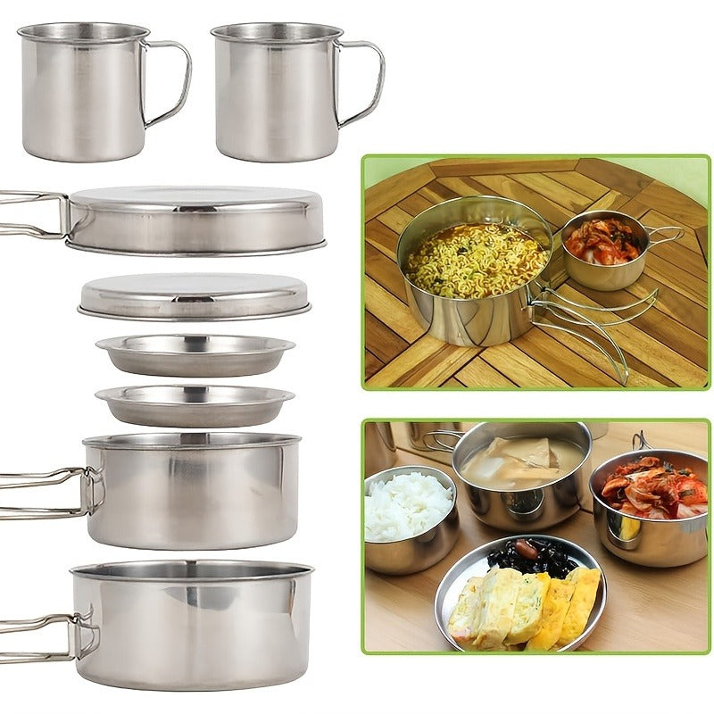 Stainless Steel Camping Cookware Set 8 Piece with Pots Pans Plates Cups and Handles - Lightweight Outdoor Cooking Kit for Camping Hiking Backpacking Open Fire Camp Kitchen Gear