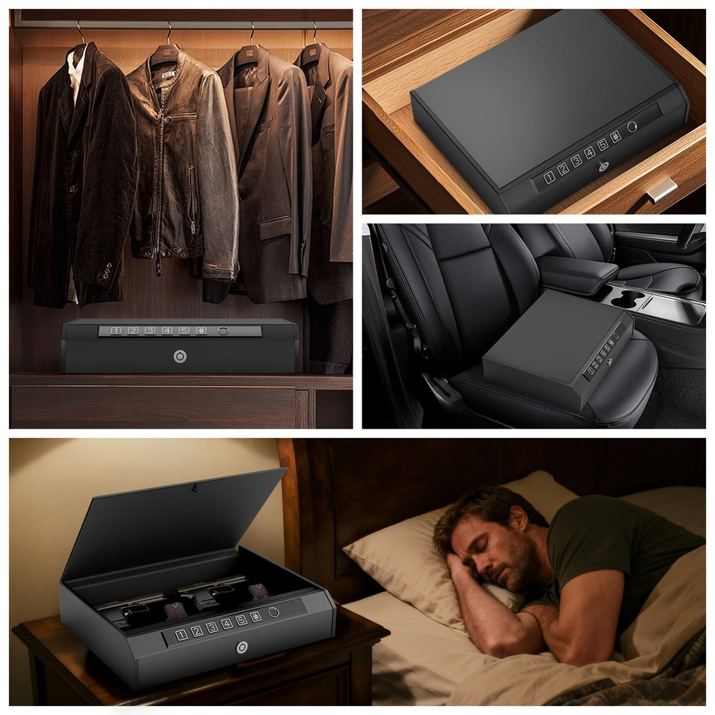 Biometric Gun Safe Fingerprint Digital PIN & Key Unlock 3-Way Access Internal Light Silent Mode Emergency Power Supply Gun Lock Box for Home Bedroom Nightstand Car