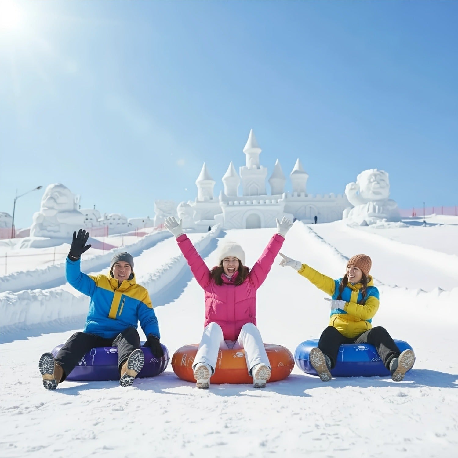 Snow Sled Tubes 3-Pack Foldable Inflatable – Triple-Layer PVC Snow Tubes 36 & 40 Inch, 220 lbs Capacity, 3-Layer Airlock Valve, Non-Slip Thickened Base & Embossed Handles for Ski Resort & Outdoor Winter Fun