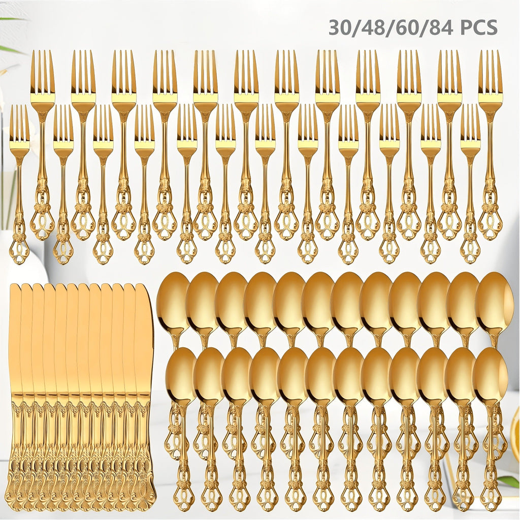 Stainless Steel Flatware Set – Vintage Royal Golden & Silver Silverware Set for 6, Rust-Resistant Dishwasher Safe Cutlery with Forks, Spoons & Knives – Available in 30 / 48 / 60 / 84 Piece Sets