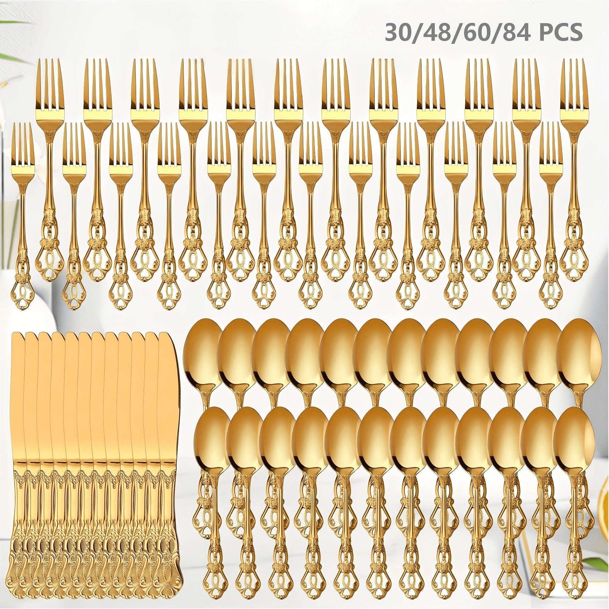 Stainless Steel Flatware Set – Vintage Royal Golden & Silver Silverware Set for 6, Rust-Resistant Dishwasher Safe Cutlery with Forks, Spoons & Knives – Available in 30 / 48 / 60 / 84 Piece Sets