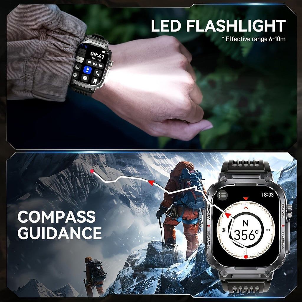 Smart Watch for Men with Call Function, IP68 Waterproof Outdoor Smartwatch 2.02" LED Flashlight, 400mAh Battery, Compass Pedometer Calorie Pressure Monitor Fitness Tracker for iPhone Android