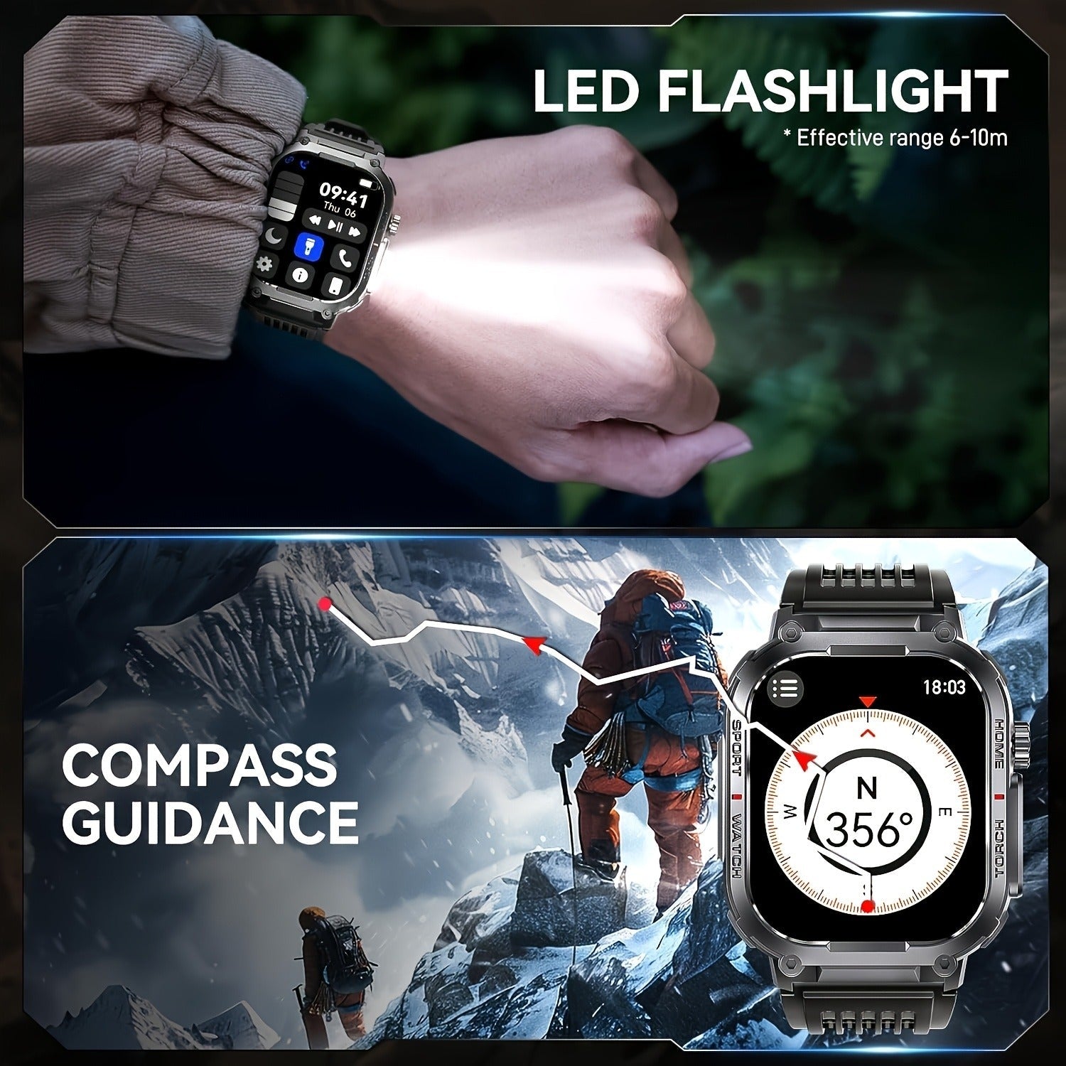 Smart Watch for Men with Call Function, IP68 Waterproof Outdoor Smartwatch 2.02" LED Flashlight, 400mAh Battery, Compass Pedometer Calorie Pressure Monitor Fitness Tracker for iPhone Android