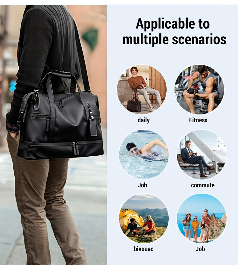 Gym Duffel Bag with Wet Pocket & Shoe Compartment - Foldable PU Leather Sports Travel Bag for Workouts, Weekend Trips & Everyday Use, Lightweight Carry-On Luggage Bag for Men Women (Black/Blue/Grey)