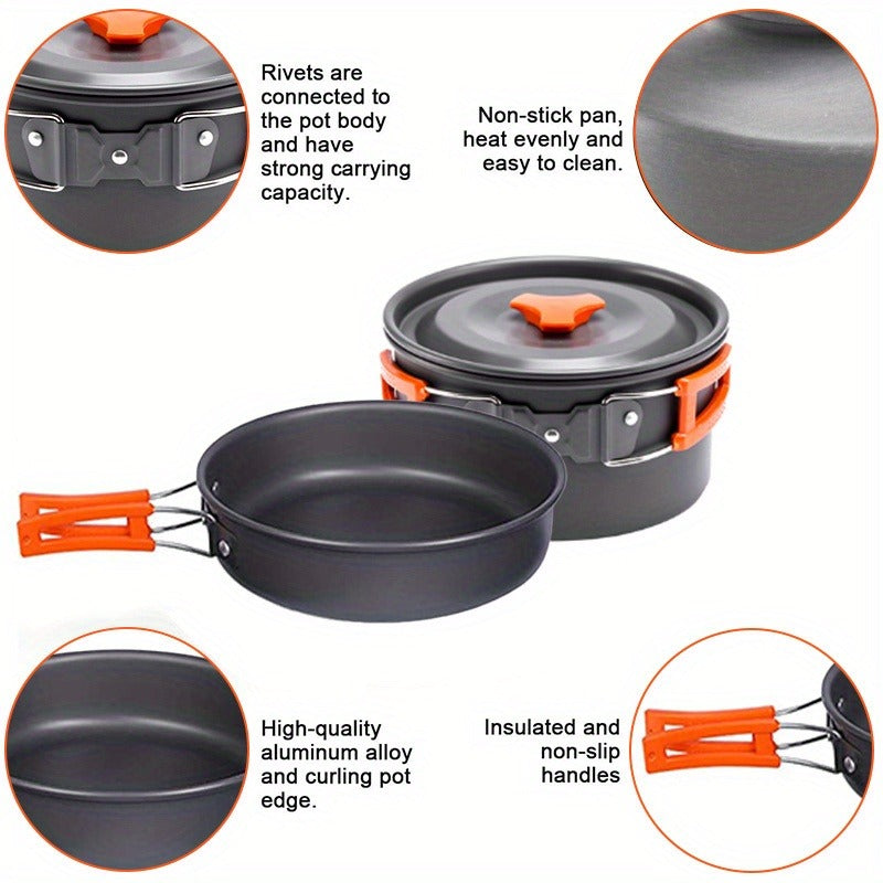 Camping Cookware Set for 2-3 People, Portable Aluminum Outdoor Cooking Kit with Pot, Frying Pan, Kettle & Cutlery, Lightweight Foldable Camp Kitchen Gear for Hiking, Backpacking & Travel