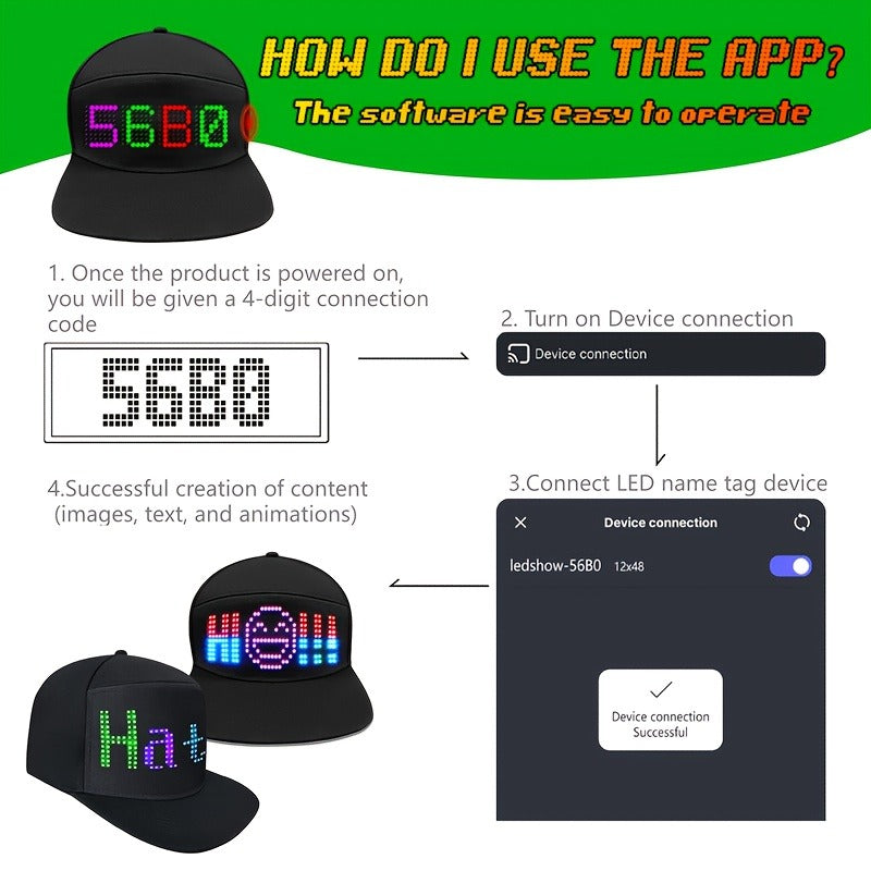 Programmable LED Hat with APP Control – Custom Text, Animation & Graffiti Display, USB Rechargeable, Adjustable Fit for Men & Women, Glowing Light-Up Cap for Party, Festival, Wedding & Carnival