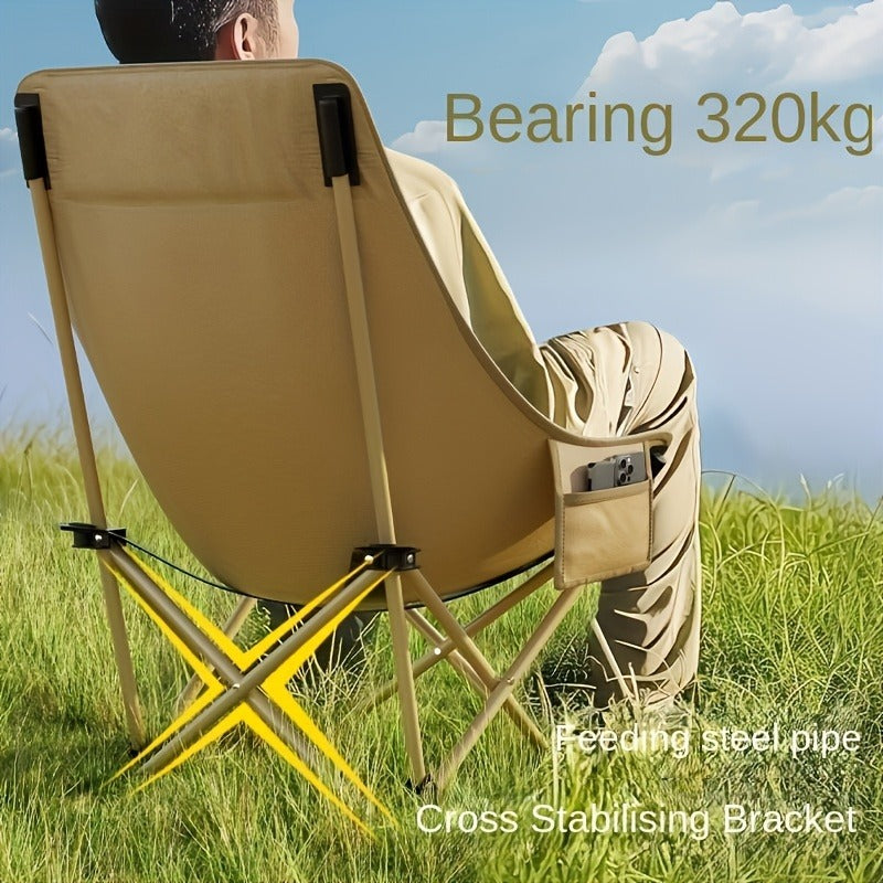 Portable Folding Moon Chair High Back 2pcs – Durable Iron Alloy Frame, Lightweight Foldable Camping Chair for Outdoor Leisure, Fishing, Beach & Backyard – Khaki or Black
