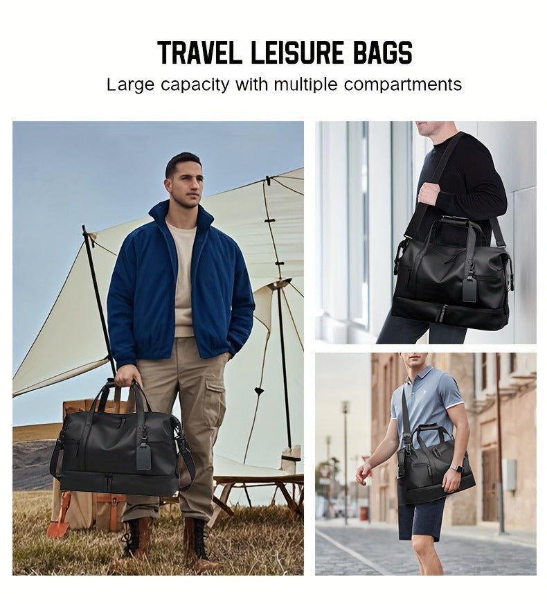 Gym Duffel Bag with Wet Pocket & Shoe Compartment - Foldable PU Leather Sports Travel Bag for Workouts, Weekend Trips & Everyday Use, Lightweight Carry-On Luggage Bag for Men Women (Black/Blue/Grey)