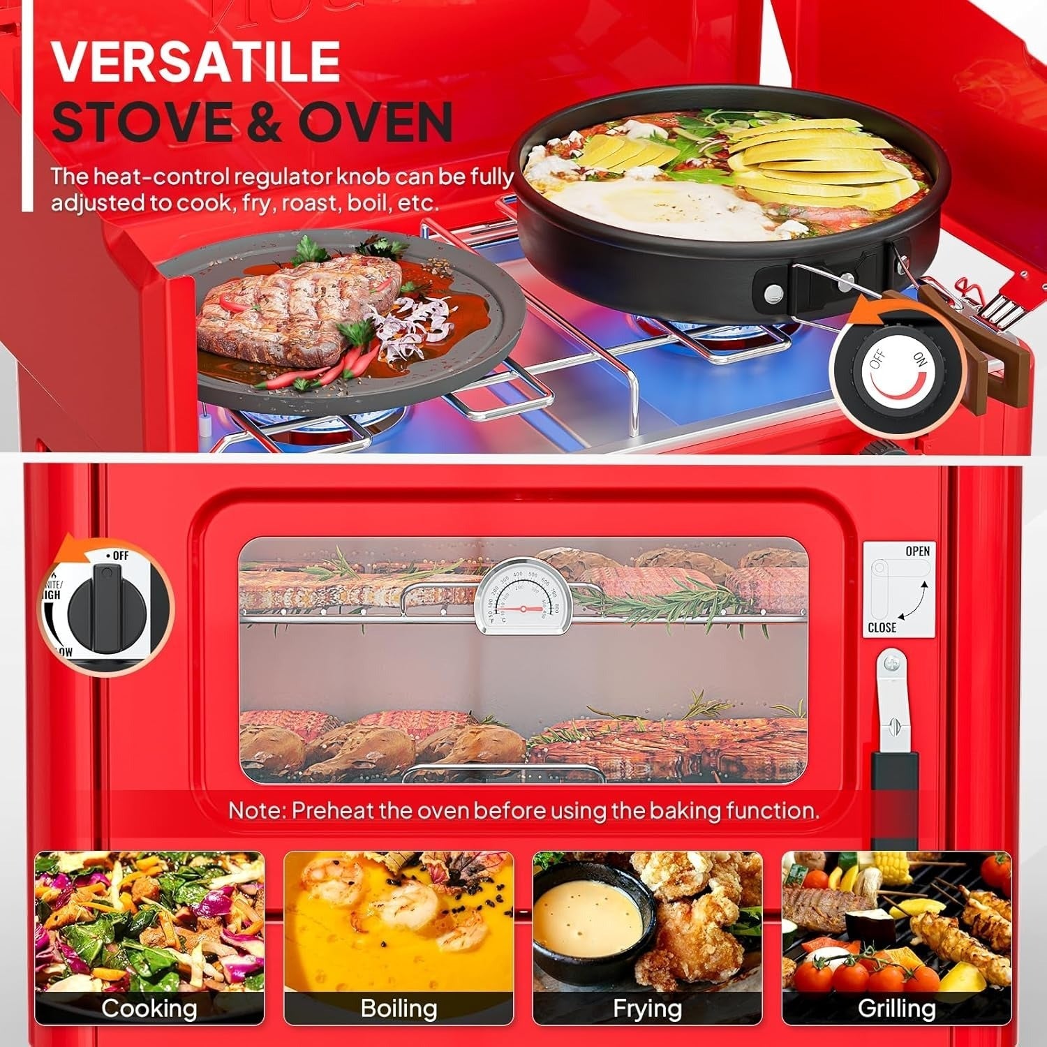 Camping Stove with Oven 2-in-1 – Portable Propane Double Burner 16,000 BTU & Outdoor Oven Combo with Auto-Ignition & Thermometer | Camping, Backyard & Picnic Cooking