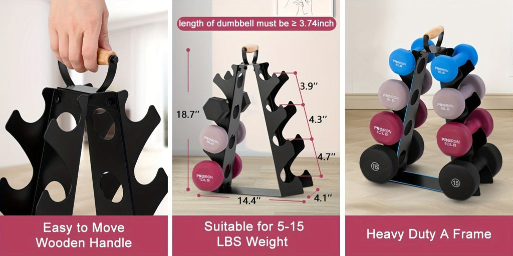 Weight Rack Stand 4-Tier A-Frame with Wooden Handle – Space-Saving Dumbbell Storage for Home Gym, Holds 5–15LB Hex & Rubber Dumbbells, Easy Assembly