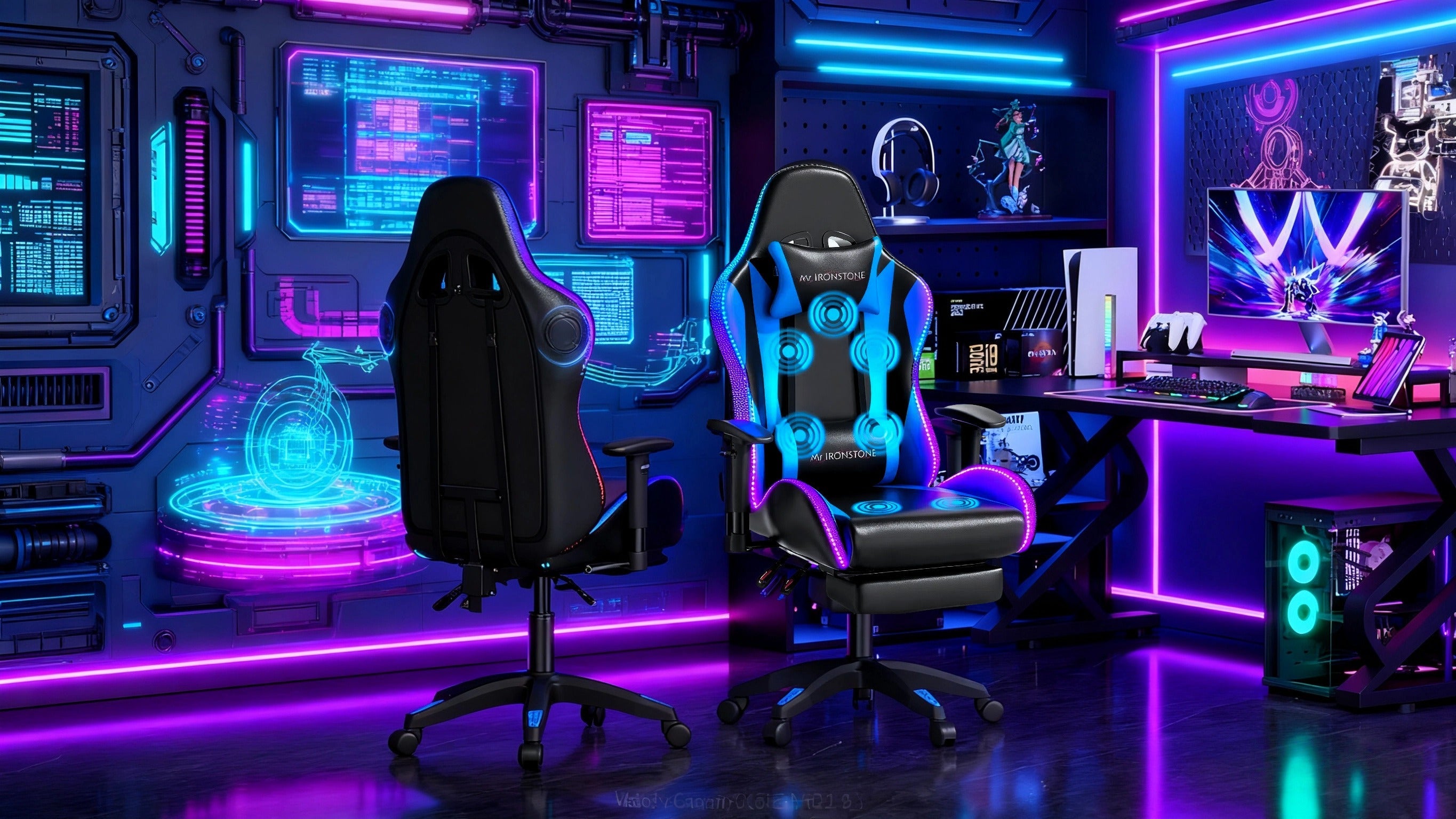 Gaming Chair with Massage and Bluetooth Speaker – RGB LED Lights, 135° Reclining with Footrest, 7-Point Vibration, 3D Adjustable Arms, 360° Swivel, Heavy Duty 400 lbs Big & Tall Ergonomic Chair, Blue Black