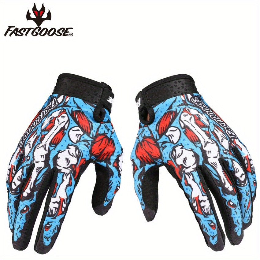 Motocross Gloves Touchscreen Full Finger - Breathable Riding Gloves with Print Design, Adjustable Wrist Closure, Road Racing & Cycling Protection (Blue/Yellow, M-XL)