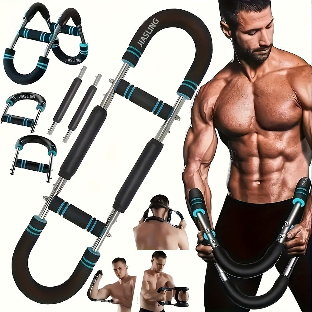 Arm Strength Trainer U-Shaped Spring Resistance Bar – Portable Home Gym Chest Expander & Forearm Strengthener with 2-Level Adjustable Resistance Bands, Detachable Design & Comfortable Grip | 3 Colors