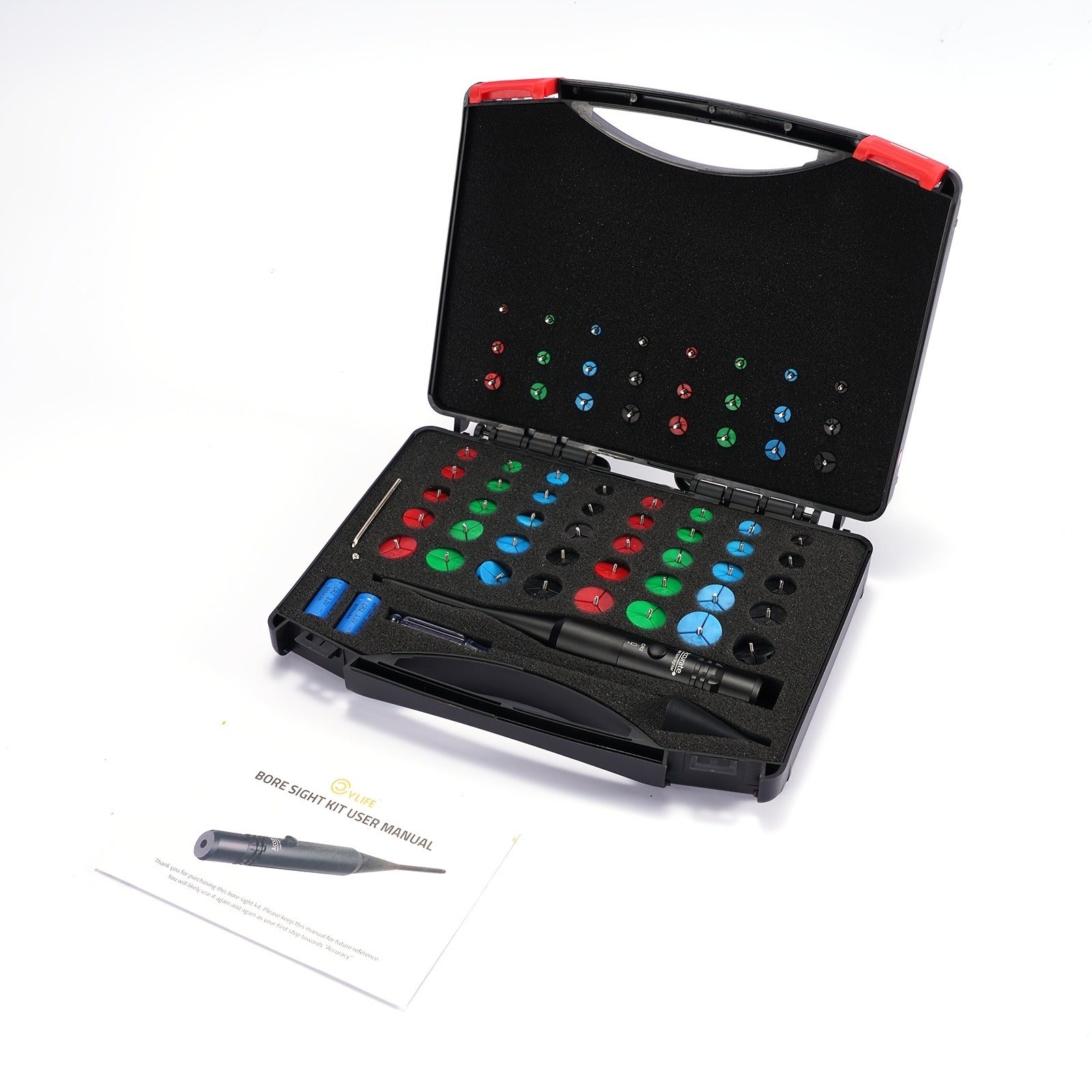 Red Laser Bore Sight Kit with 64 Adapters | Professional Multi-Caliber Boresighter for .17 to 12GA Rifles, Pistols & Handguns – Color-Coded Adapters, 40-Hour Battery & Portable Case Included