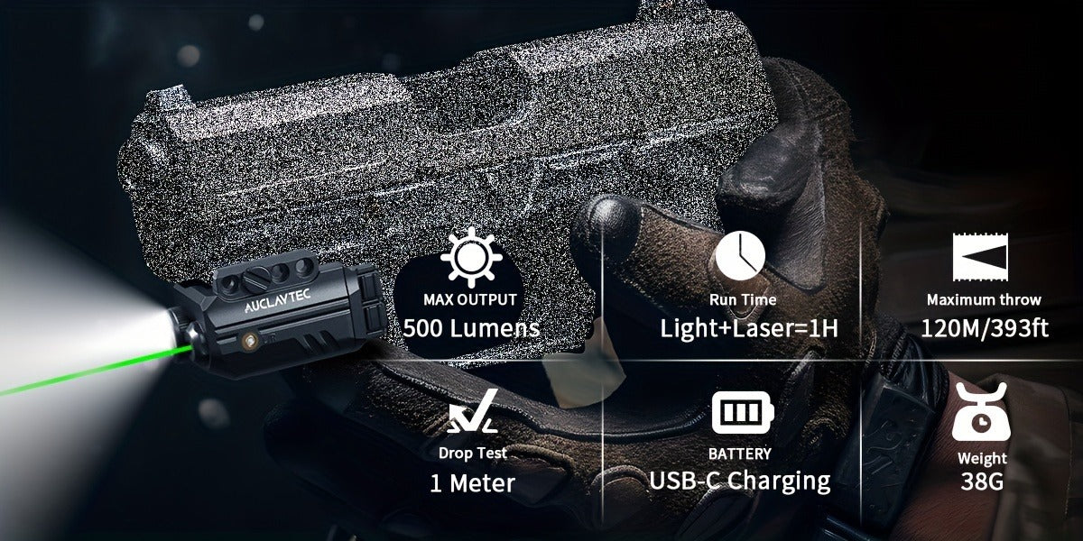 Pistol Light Laser Combo 500 Lumens – Green Red Blue Laser Sight, 5 Modes, USB-C Rechargeable, Fits Subcompact & Compact Handguns, Adjustable Rail Mount Weapon Light