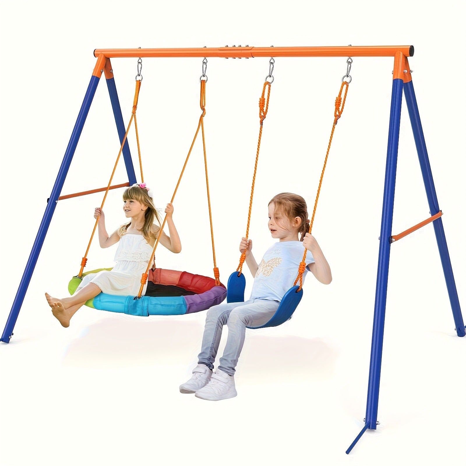 Outdoor Swing Set for Kids 3-in-1 Metal A-Frame 550 lbs Disc Saucer Swing Backyard Playground