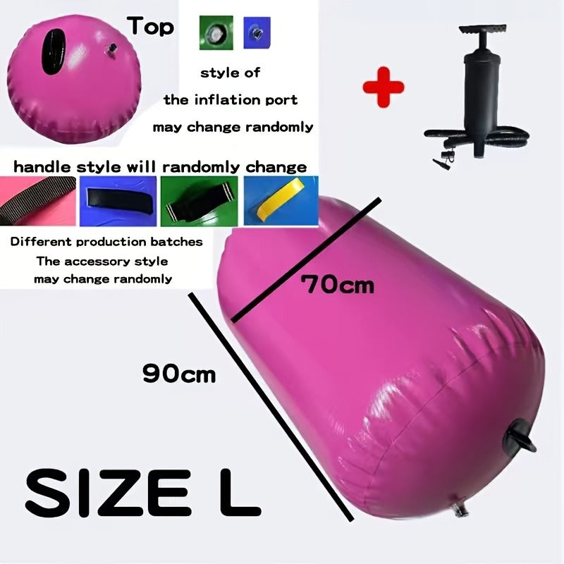 Inflatable Gymnastics Air Barrel Roll with Handle & Air Pump – Circular Air Cushion Tumbling Mat for Home Gym, Yoga, Cheerleading & Kids Training, PVC, Multiple Sizes