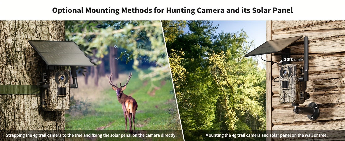Solar Powered Trail Camera 4K Cellular - 4G LTE No WiFi, 0.2s Trigger, 82ft Night Vision, 120° Wide Angle, Built-in SIM Card for Hunting & Wildlife
