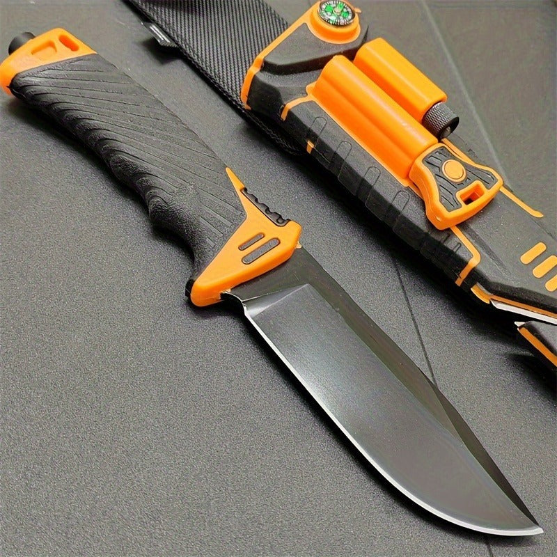 Fixed Blade Outdoor Camping Knife 9.64 Inch Stainless Steel, Survival Hunting Knife with Flint Fire Starter Night Light Sharpener Safety Sheath, Non-Slip Ambidextrous Handle for Hiking Mountaineering Adventure
