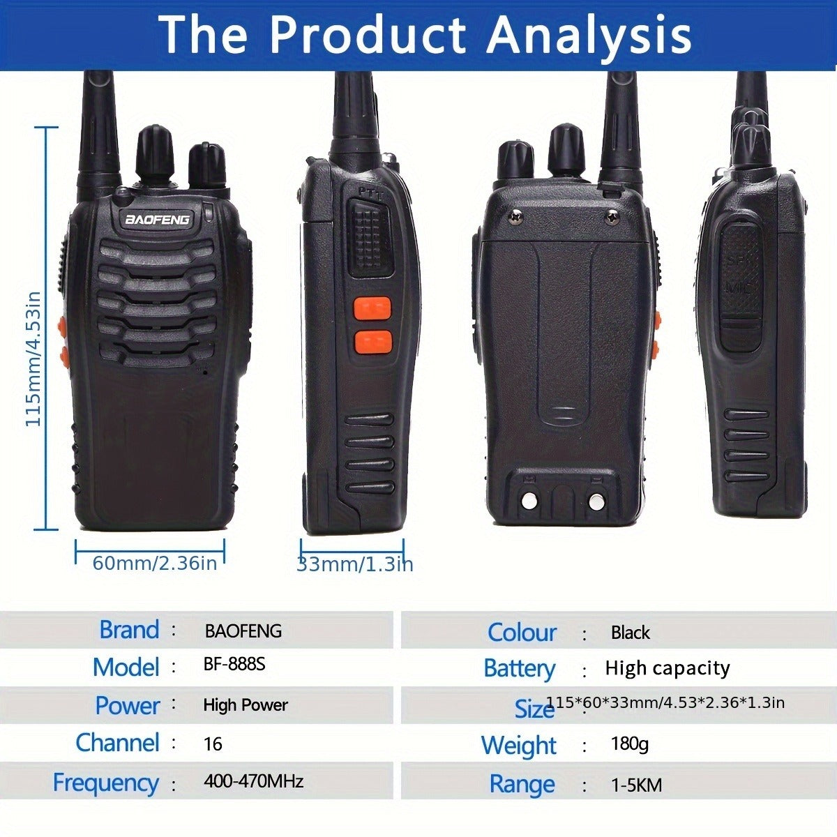 Baofeng BF-888S Walkie Talkies 16 Channel UHF Long Range Two Way Radio Rechargeable with Earphones for Camping Hiking Hunting Outdoor