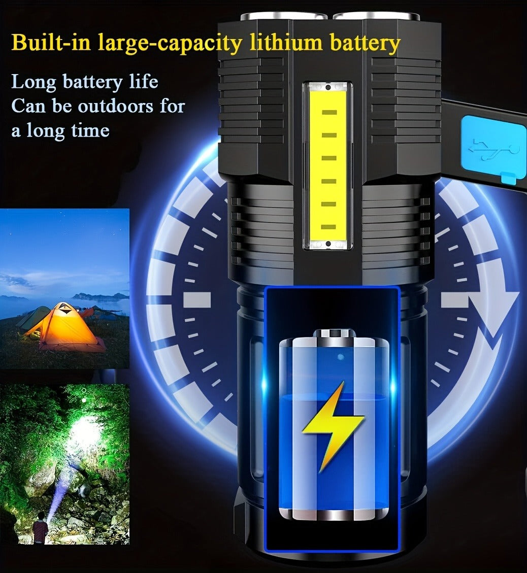 Rechargeable LED Flashlight 6-Pack - Transparent COB Side Light, 6 Modes Multifunction Handheld Torch, ABS Body for Camping, Hiking, Work & Emergency Power Outage