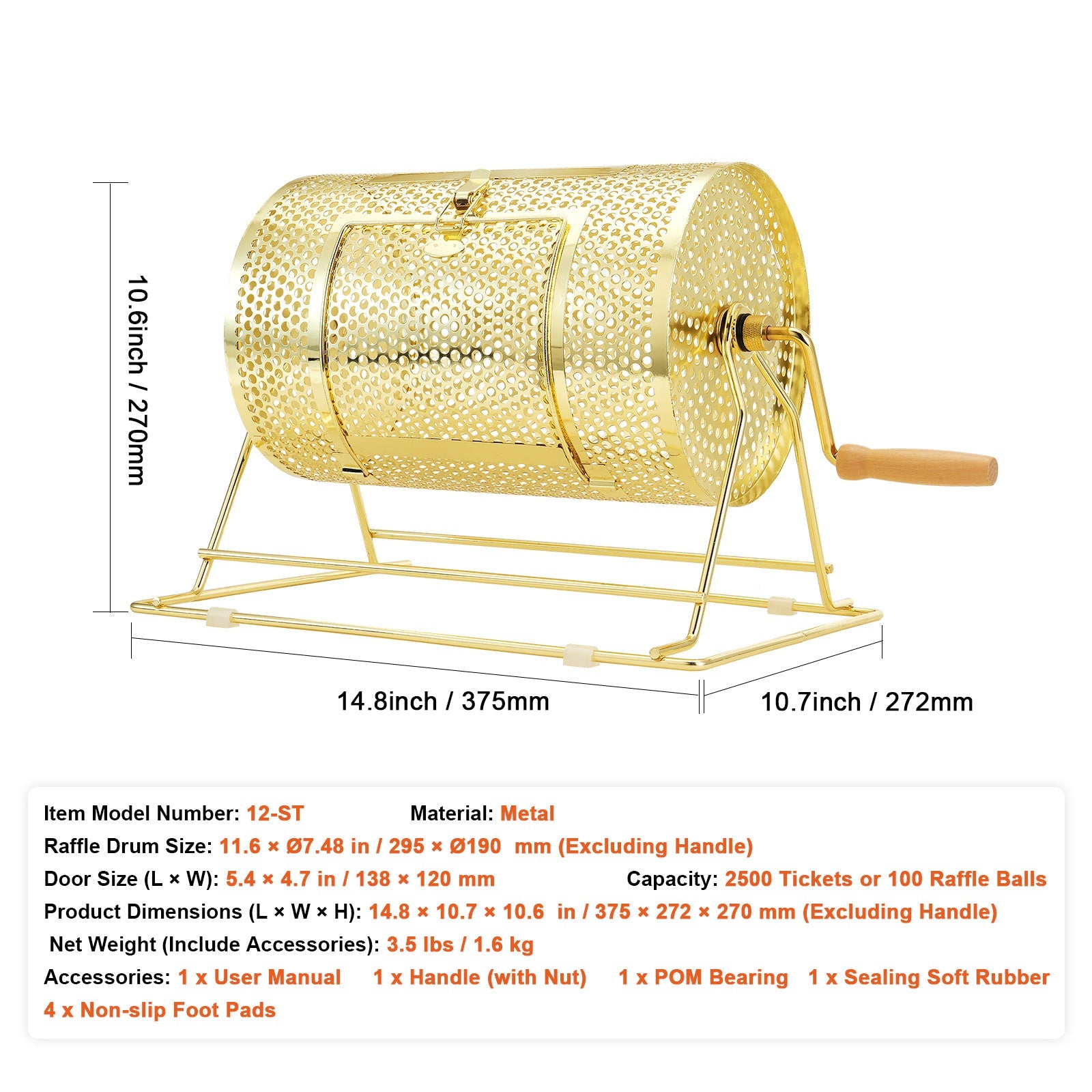 Raffle Drum Spinning Cage 12 Inch – Brass Plated Metal Lottery Ticket Drum with Wooden Handle, Holds 2500 Tickets or 100 Ping Pong Balls, for Bingo Ballot Party Events Fundraisers Trade Shows