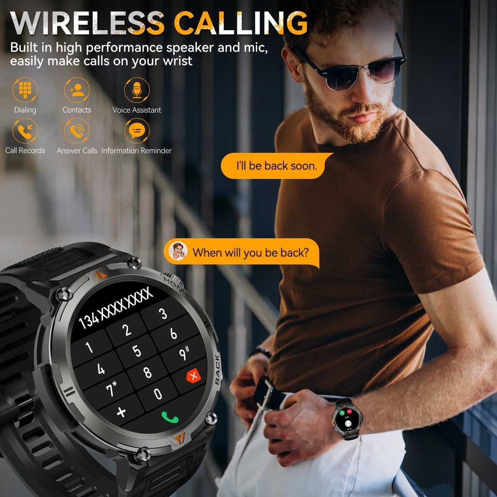 EIGIIS KE3 Rugged Smartwatch for Men – Wireless Calling, HD 1.45" Screen, LED Light, Fitness Tracker, iPhone & Android