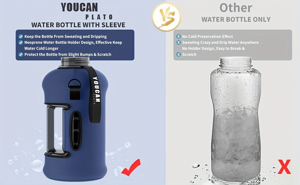 Half Gallon Water Bottle 74oz with Insulated Sleeve, Straw & Time Marker – BPA Free Leakproof Large Sports Jug with Carrying Handle & Strap for Gym, Fitness & Outdoor