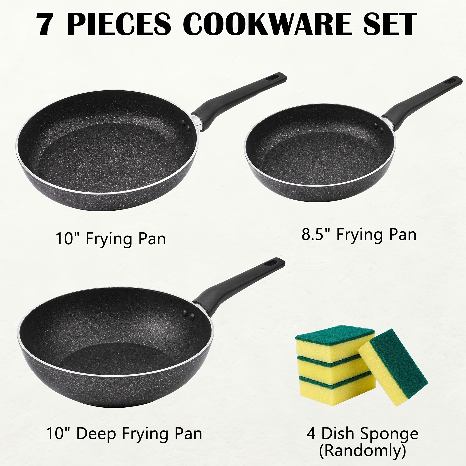Nonstick Frying Pan Set 7pcs – 8.5" & 10" Aluminum Skillets with Deep Frying Pan, Fast Heating, Easy Clean – Durable Cookware Set with 4 Dish Cloths for Home Kitchen & Camping