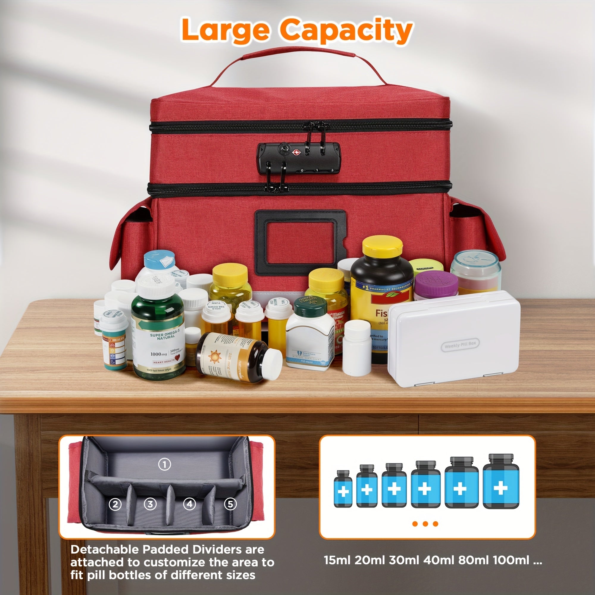 Lockable Medicine Organizer Bag with Combination Lock, Double-Layer Large Capacity Pill Bottle Storage Case for Prescription Bottles First Aid Supplies Home Travel, Portable Medication Carry Bag Red Grey Black