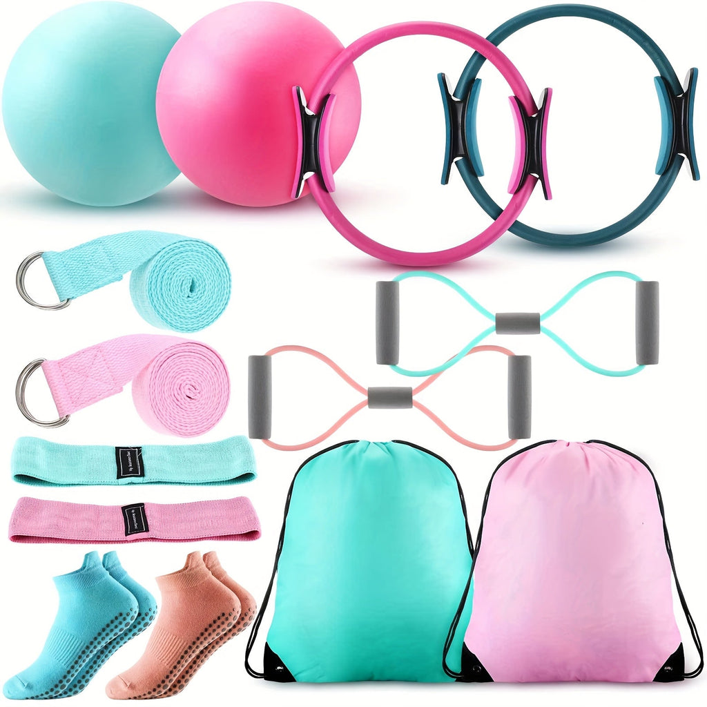 Pilates Ball & Ring Set 14-Piece for Women – Magic Circle, Mini Ball, 8 Resistance Bands, Stretching Strap, Non-Slip Socks & Gym Bag, Complete Home Workout Kit, Pink Green Blue
