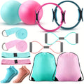 Pilates Ball & Ring Set 14-Piece for Women – Magic Circle, Mini Ball, 8 Resistance Bands, Stretching Strap, Non-Slip Socks & Gym Bag, Complete Home Workout Kit, Pink Green Blue