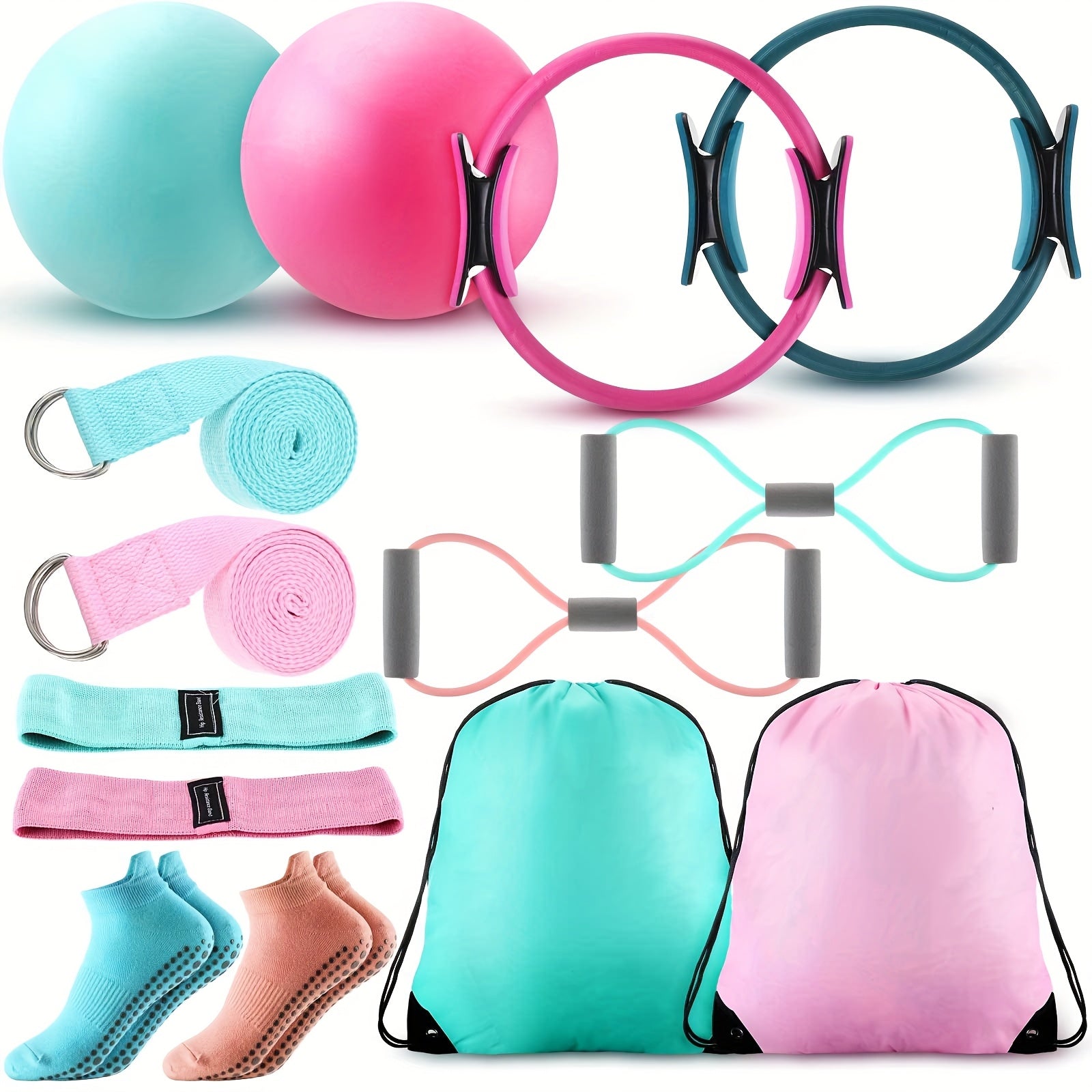 Pilates Ball & Ring Set 14-Piece for Women – Magic Circle, Mini Ball, 8 Resistance Bands, Stretching Strap, Non-Slip Socks & Gym Bag, Complete Home Workout Kit, Pink Green Blue